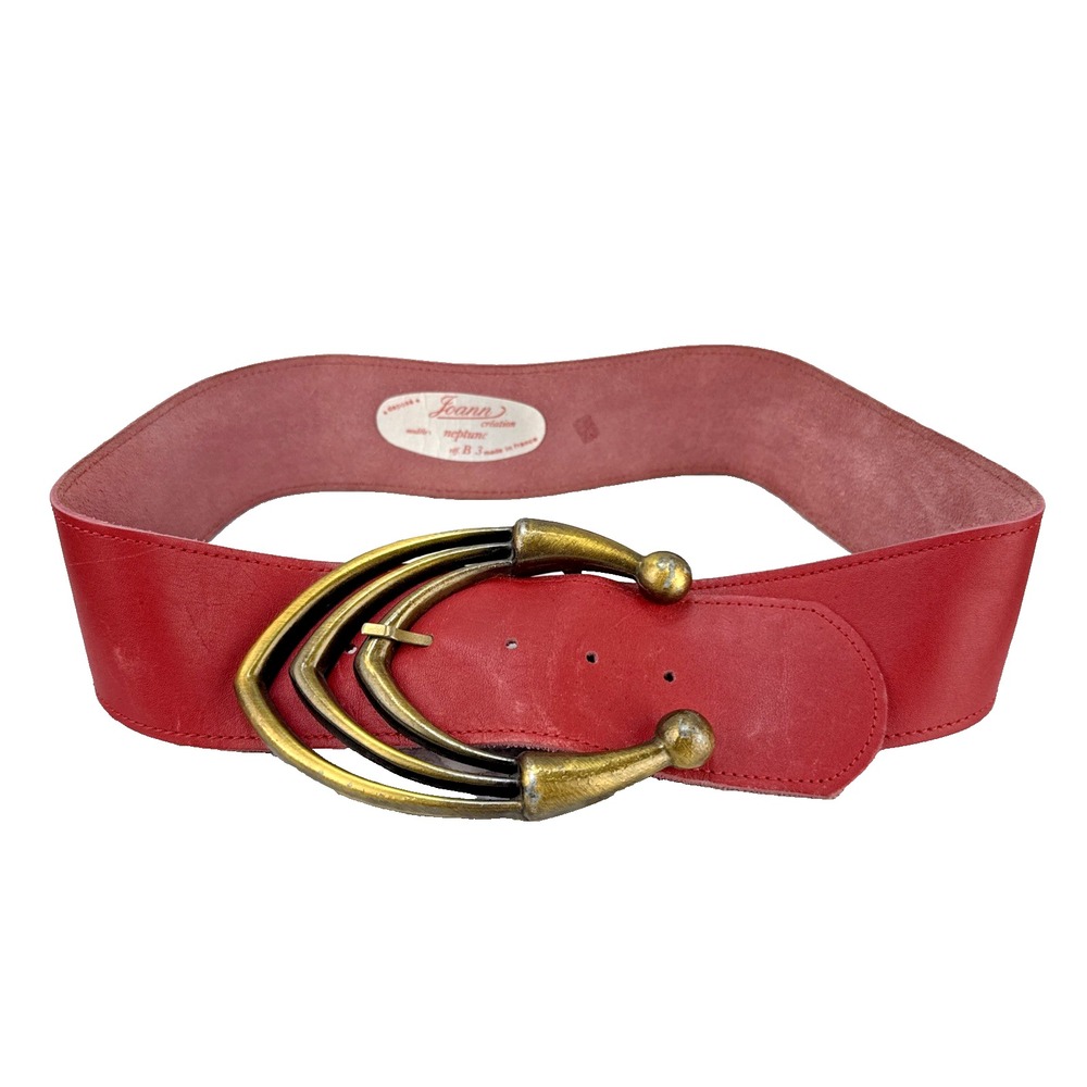 Joann Creation Vintage Neptune Wide Maroon Red Leather Belt Size L Brass Buckle